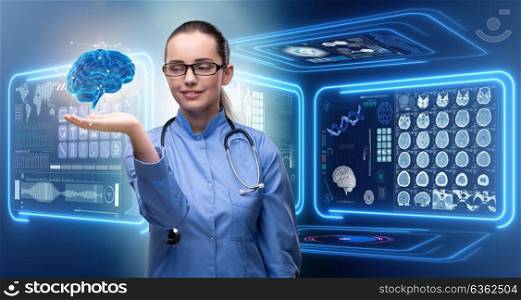 Female doctor with the brain in medical concept