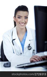 Female doctor working in the system over white background