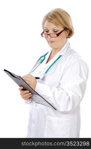 Female doctor writing a over white background