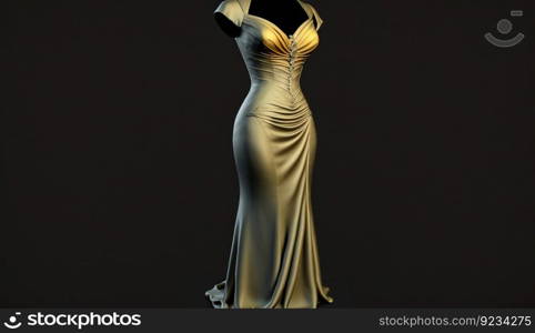 Female dress is dressed on a mannequin, black background isolate. Header banner mockup with copy space. AI generated.. Female dress is dressed on a mannequin, black background isolate. AI generated.