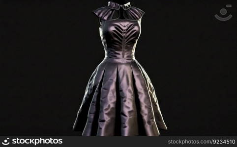 Female dress is dressed on a mannequin, black background isolate. Header banner mockup with copy space. AI generated.. Female dress is dressed on a mannequin, black background isolate. AI generated.