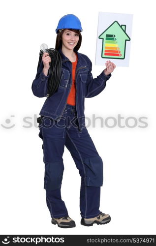 Female electrician with an energy rating card