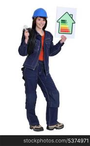 Female electrician with an energy rating card