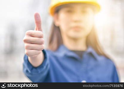 Female Engineer Holding hand Thump up Success project concept Good job
