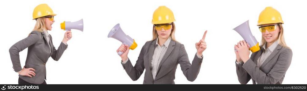 Female engineer in helmet with loudspeaker isolated on white