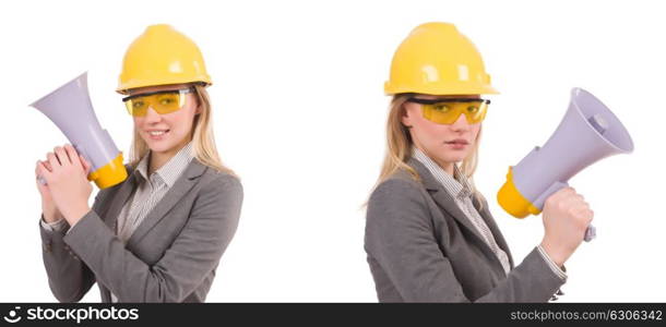 Female engineer in helmet with loudspeaker isolated on white