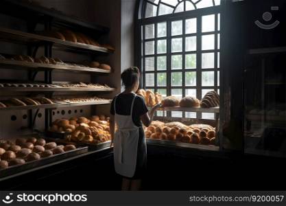 Female entrepreneur in local bakery. Black young woman working in bakery shop with different bread display. Dark interior with larch windows and cinematic light. AI Generated content