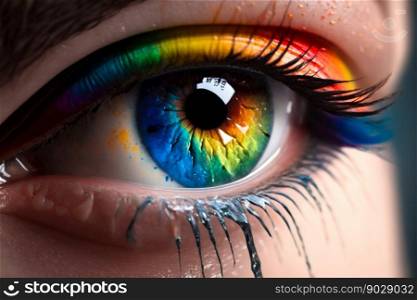 Female eye closeup with rainbow pupil. Generative AI. High quality illustration. Female eye closeup with rainbow pupil. Generative AI
