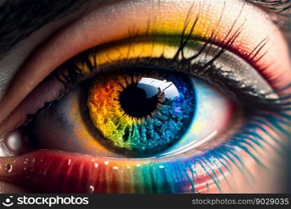 Female eye closeup with rainbow pupil. Generative AI. High quality illustration. Female eye closeup with rainbow pupil. Generative AI