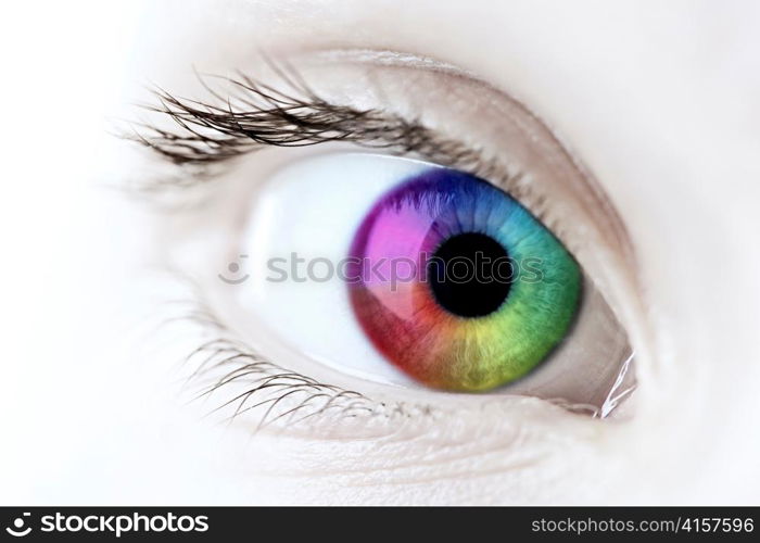 Female eye with rainbow multicolored iris close up