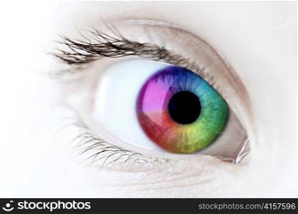 Female eye with rainbow multicolored iris close up