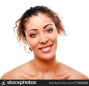 Female face with beautiful smile and clean clear skin with messy hair, skincare concept, isolated.