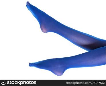 Female fashion. Woman long legs and blue stockings isolated