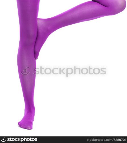 Female fashion. Woman slim legs and violet color stockings isolated on white background