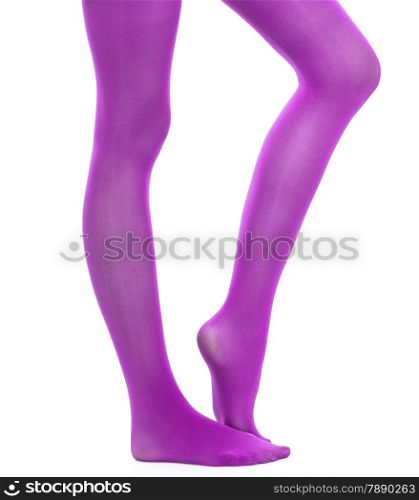 Female fashion. Woman slim legs and violet color stockings isolated on white background
