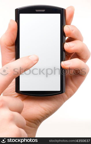 female finger is touching a modern black mobile phone