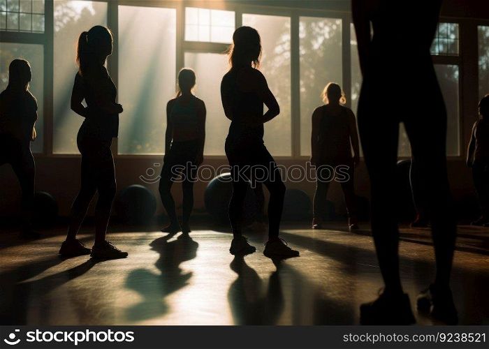 female fitness in the gym, silhouettes of women involved in sports with sundown background generative ai.