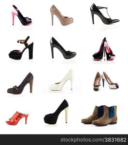 female footwear. female shoes over white. Collection of various types of female shoes