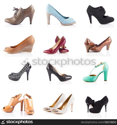 female footwear. female shoes over white. Collection of various types of female shoes
