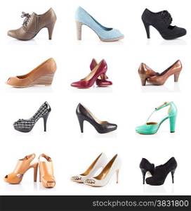 female footwear. female shoes over white. Collection of various types of female shoes