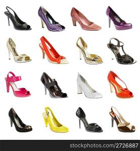 female footwear on a white background. 16 pieces.
