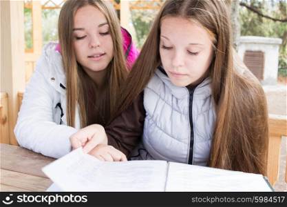 Female friends studying together in the outdoor