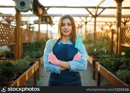 Female gardener poses in shop for gardening, saleswoman. Woman sells plants in florist store, seller in apron and gloves