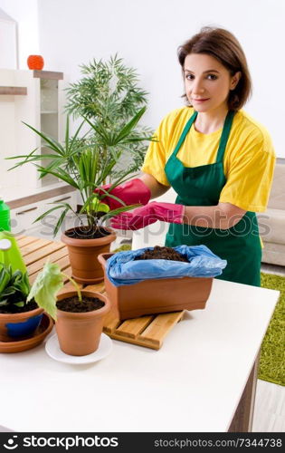 Female gardener with plants indoors 