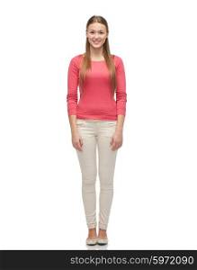 female, gender, fashion and people concept - smiling young woman or teenage girl in pink pullover and jeans