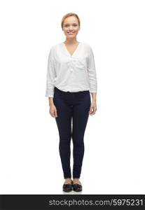 female, gender, fashion and people concept - smiling young woman or teenage girl in white shirt and jeans