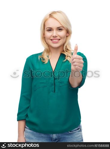 female, gender, gesture, plus size and people concept - smiling young woman in shirt and jeans showing thumbs up