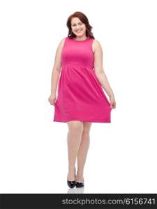 female, gender, portrait and people concept - smiling happy young plus size woman posing in pink dress
