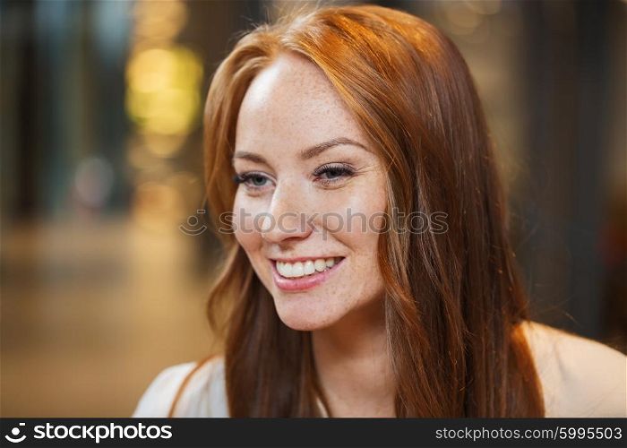 female, gender, portrait and people concept - smiling happy young redhead woman face