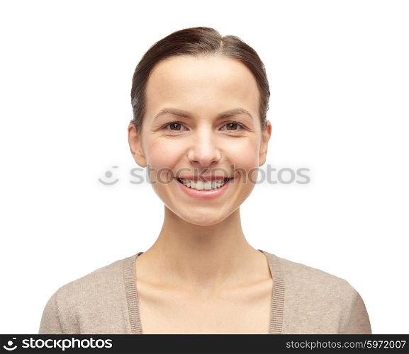female, gender, portrait and people concept - smiling young woman in cardigan