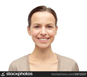 female, gender, portrait and people concept - smiling young woman in cardigan