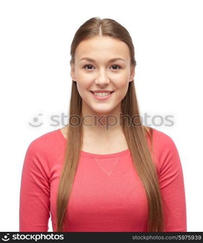 female, gender, portrait, fashion and people concept - smiling young woman or teenage girl in pink pullover