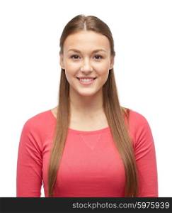 female, gender, portrait, fashion and people concept - smiling young woman or teenage girl in pink pullover