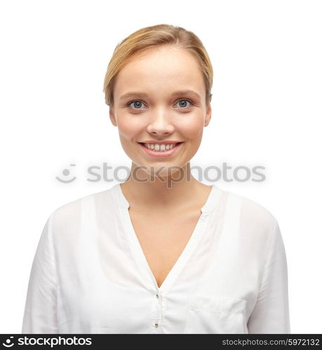 female, gender, portrait, fashion and people concept - smiling young woman or teenage girl in shirt