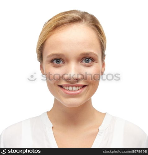 female, gender, portrait, fashion and people concept - smiling young woman or teenage girl in shirt