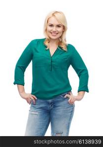 female, gender, portrait, plus size and people concept - smiling young woman in shirt and jeans