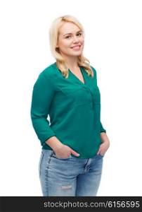 female, gender, portrait, plus size and people concept - smiling young woman in shirt and jeans