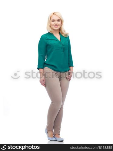 female, gender, portrait, plus size and people concept - smiling young woman in shirt and trousers
