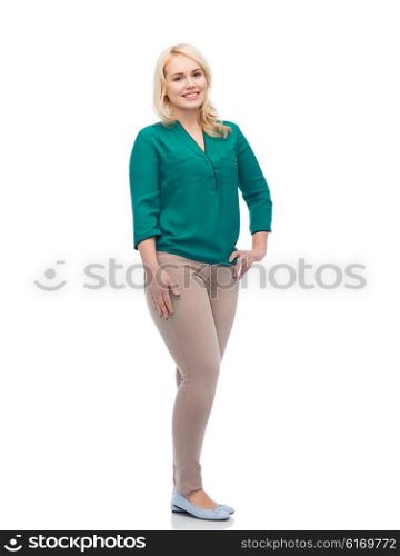 female, gender, portrait, plus size and people concept - smiling young woman in shirt and trousers