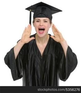Female graduation student shouting through megaphone shaped hands. HQ photo. Not oversharpened. Not oversaturated. Female graduation student shouting through megaphone shaped hands isolated