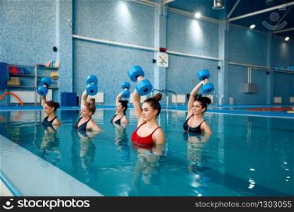 Female group on aqua aerobics, exercise with dumbbells in the pool. Women in the water, sport swimming fitness workout. Aqua aerobics, exercise with dumbbells in the pool
