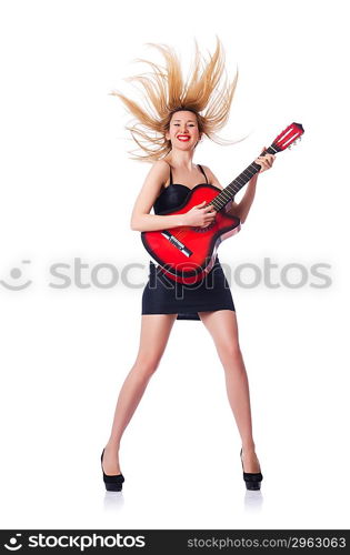 Female guitar player isolated on white