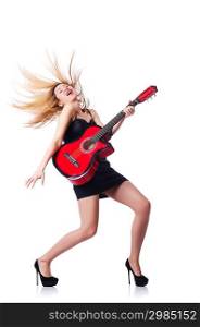 Female guitar player isolated on white