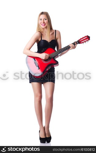 Female guitar player isolated on white