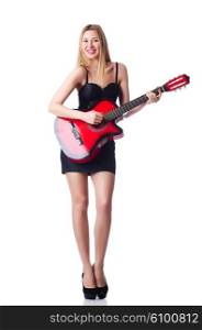 Female guitar player isolated on white