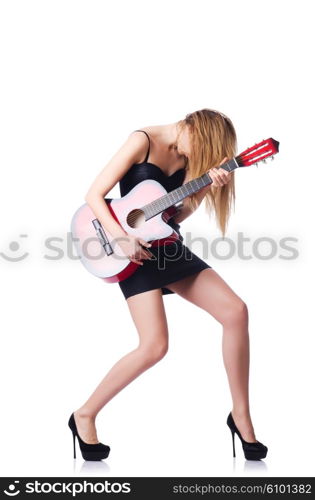 Female guitar player isolated on white